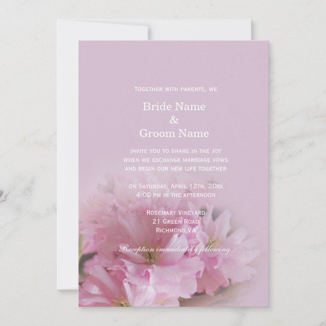 Lovely soft pink cherry blossom spring wedding invitation (Front)