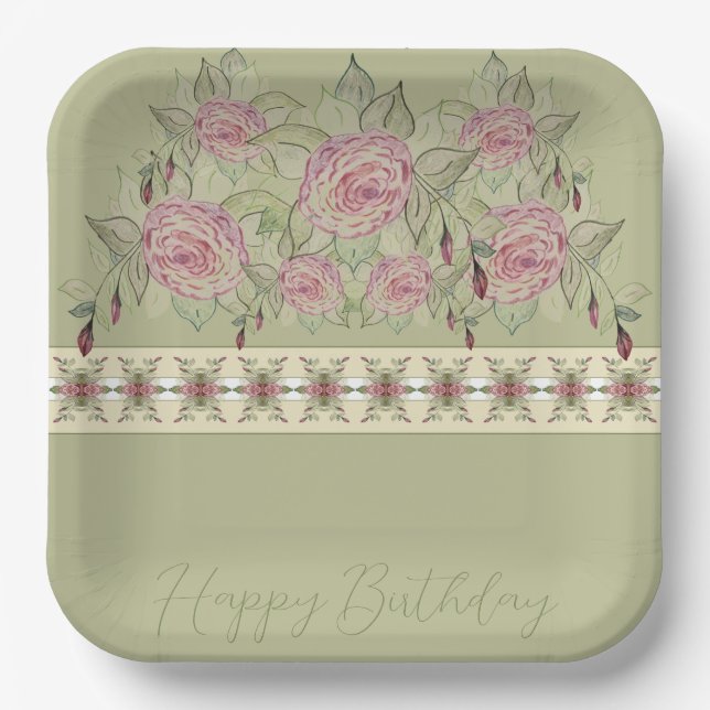 Lovely Square Floral Patterned Paper Plate (Front)