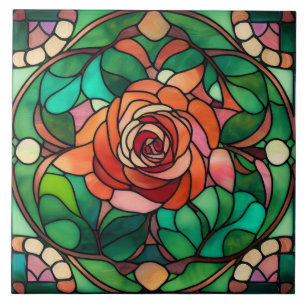 Lovely Stained Glass Style Floral Rose Tile