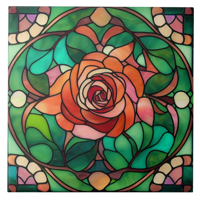 Lovely Stained Glass Style Floral Rose Tile (Front)