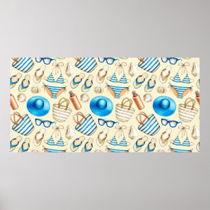 Lovely summer pattern with glasses, bikini, umbrel poster