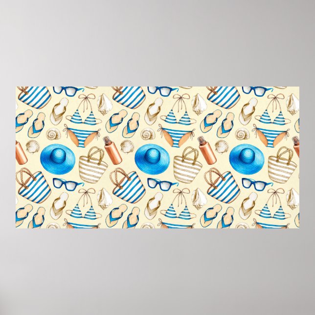 Lovely summer pattern with glasses, bikini, umbrel poster (Front)