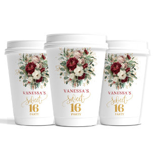 Lovely Sweet 16 Blush Burgundy Floral Paper Cups