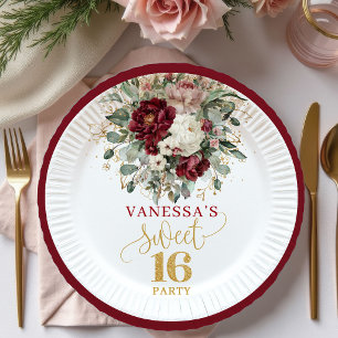 Lovely Sweet 16 Blush Burgundy Floral Paper Plates