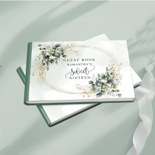 Lovely Sweet 16 dusty green watercolor foliage   Guest Book