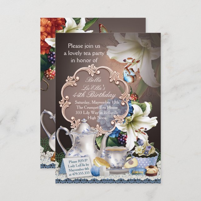 Lovely Tea Party Birthday Party Invitations (Front/Back)
