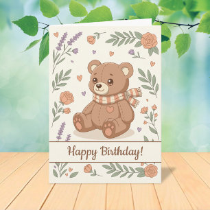 Lovely Teddy Bear Floral Birthday Kids Card