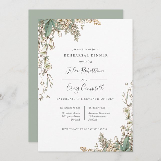 Lovely Tiny Bellflowers Whimsical Rehearsal Dinner Invitation (Front/Back)