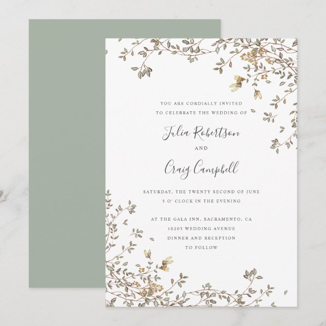 Lovely Tiny Green leaves Whimsical wedding Invitation (Front/Back)