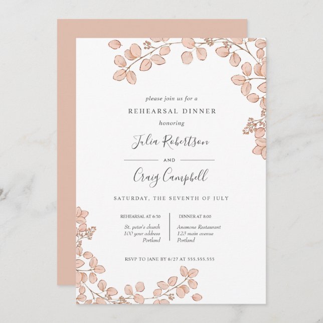 Lovely Tiny leave pink Whimsical Rehearsal Dinner Invitation (Front/Back)