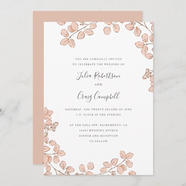 Lovely Tiny Pink leaves Whimsical wedding Invitation (Front/Back)