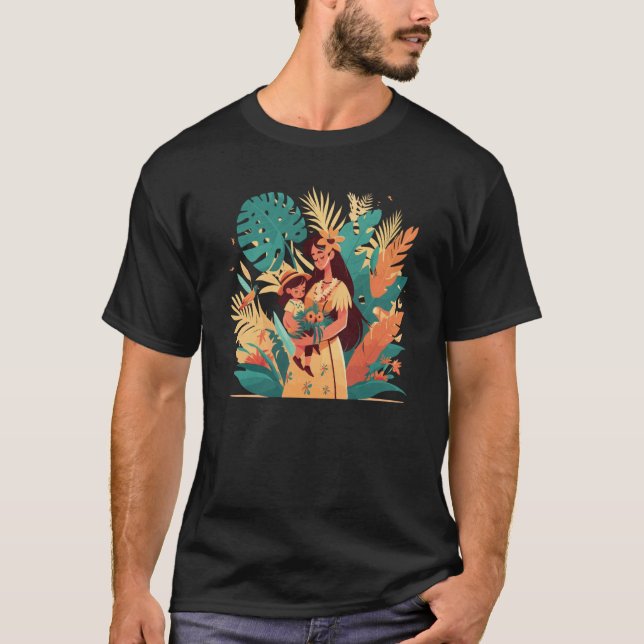 Lovely Tropical Illustration Of A Mum With Her Dau T-Shirt (Front)