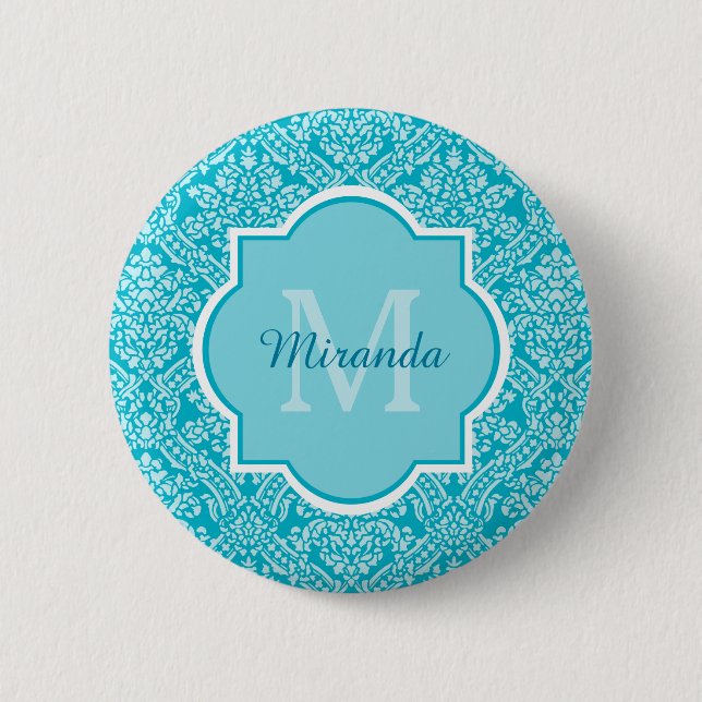 Lovely Turquoise Damask Pattern Monogram With Name 6 Cm Round Badge (Front)