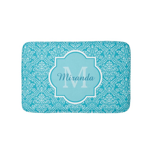 Lovely Turquoise Damask Pattern Monogram With Name Bath Mat (Front)
