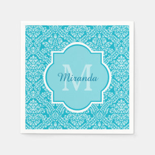 Lovely Turquoise Damask Pattern Monogram With Name Napkin