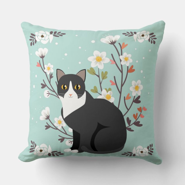 Lovely Tuxedo Cat in Flowers Throw Pillow (Front)