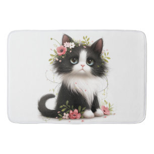 Lovely Tuxedo Kitten with Flowers Bath Mat