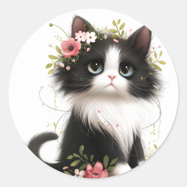 Lovely Tuxedo Kitten with Flowers  Classic Round Sticker (Front)