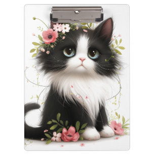 Lovely Tuxedo Kitten with Flowers Clipboard