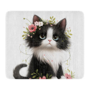 Lovely Tuxedo Kitten with Flowers  Cutting Board
