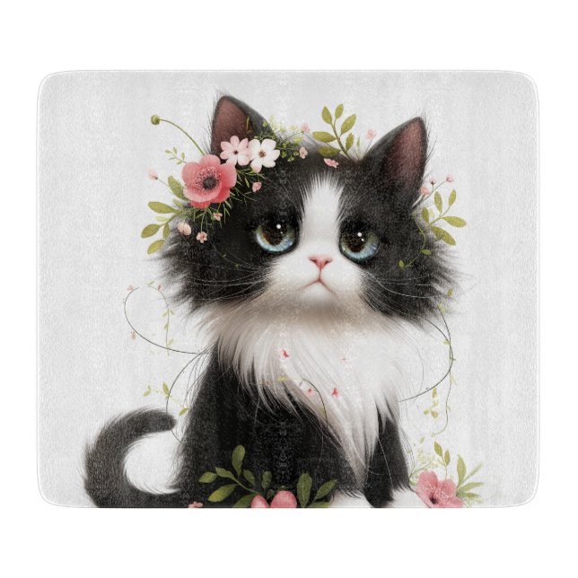 Lovely Tuxedo Kitten with Flowers  Cutting Board (Front)