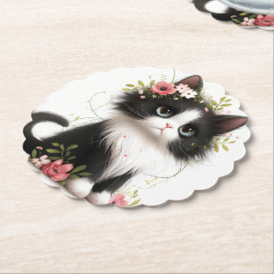 Lovely Tuxedo Kitten with Flowers  Paper Coaster