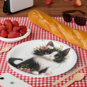 Lovely Tuxedo Kitten with Flowers  Paper Plate