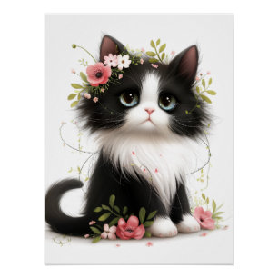 Lovely Tuxedo Kitten with Flowers  Poster