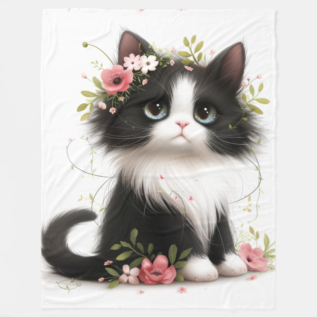 Lovely Tuxedo Kitten with Flowers Throw Pillow Fleece Blanket (Front)