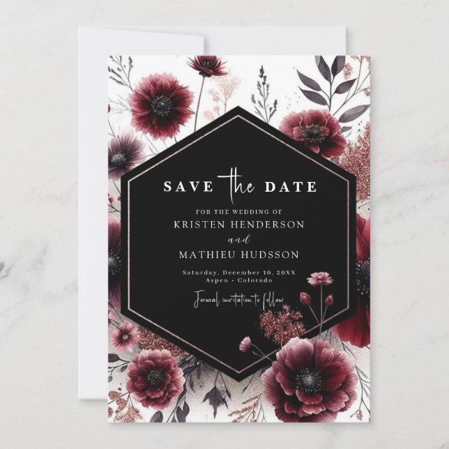 Lovely Unique Burgundy Wedding Save The Date (Front)