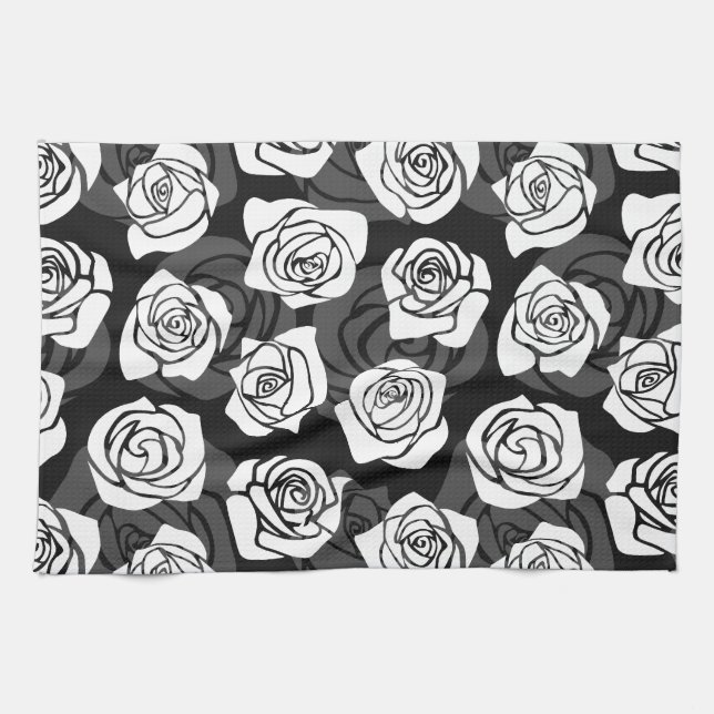 Lovely Vintage black and white roses Tea Towel (Horizontal)