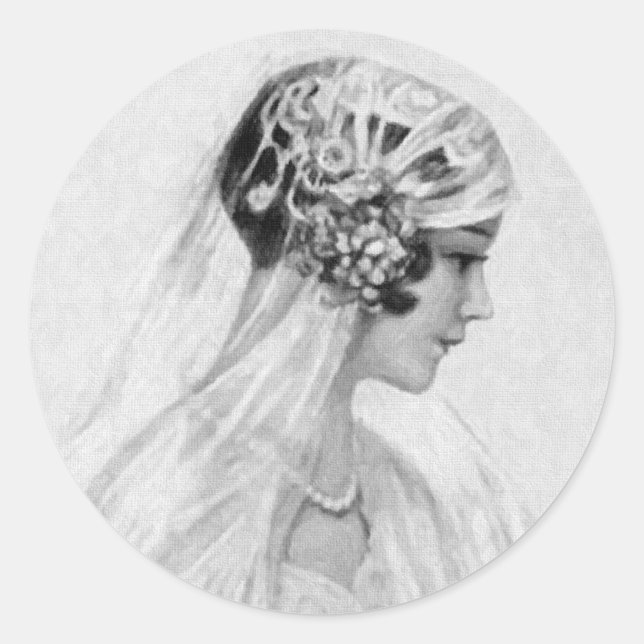 Lovely Vintage Bride, Grayscale Classic Round Sticker (Front)