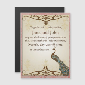 Lovely vintage pink floral peacock design magnetic invitation