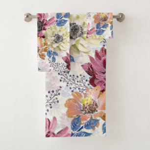 Lovely Vintage pink orange chrysanthemum Bath Towel Set