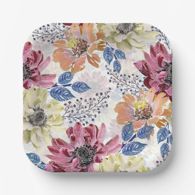 Lovely Vintage pink orange chrysanthemum Paper Plate (Front)