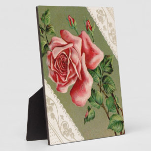 Lovely Vintage Pink Rose & Lace Plaque