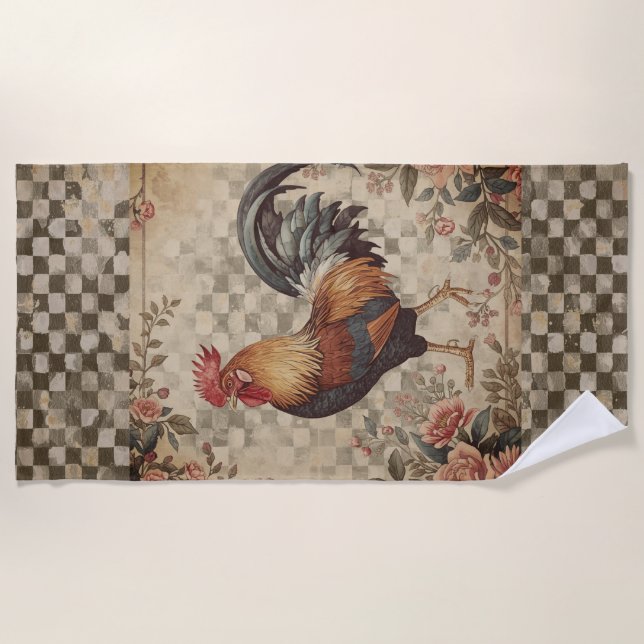 Lovely Vintage Rooster and Flowers Pattern  Beach Towel (Front)