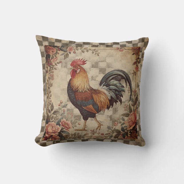Lovely Vintage Rooster ,Flowers Pattern, Checke Cushion (Front)