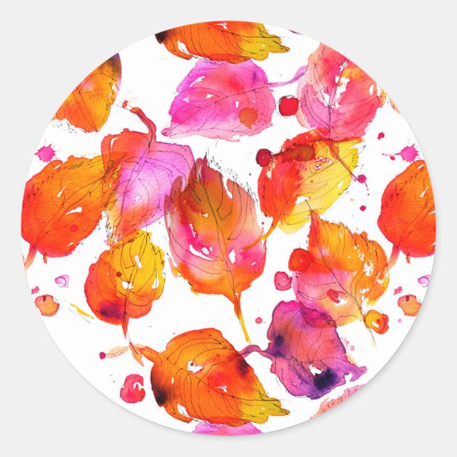 Lovely watercolor autumn leaves  pattern classic round sticker (Front)