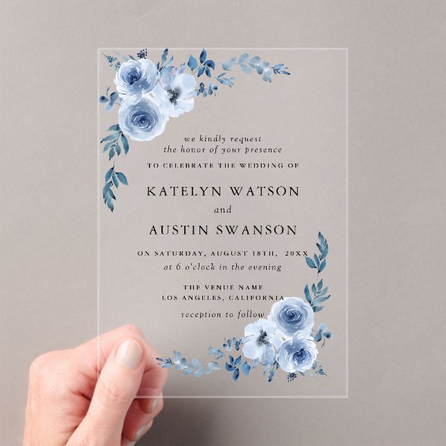 lovely watercolor dusty blue floral wedding acrylic invitations (Insitu (Handheld))