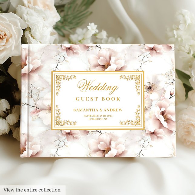 Lovely watercolor dusty pink flowers gold wedding guest book (Lovely watercolor dusty pink flowers gold wedding Guest Book)