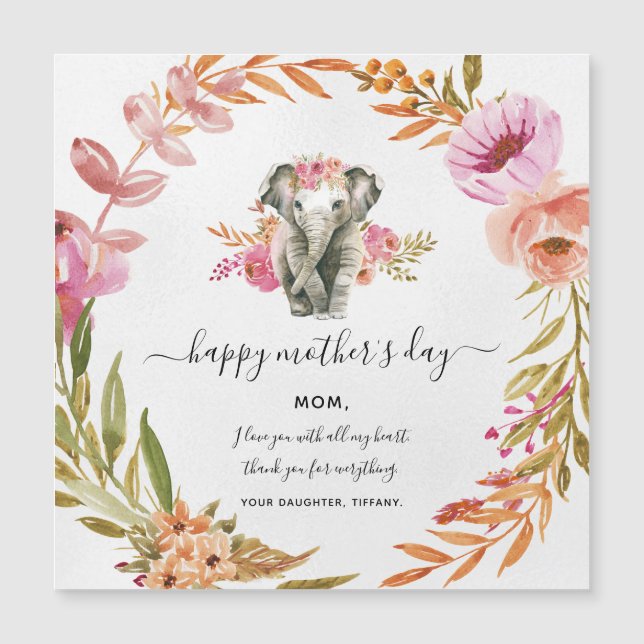 Lovely Watercolor Elephant And Flower Holiday Card (Front)