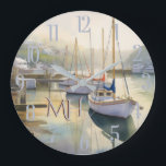 Lovely Watercolor Nautical Sailing Monogram Large Clock<br><div class="desc">This clock truly represents the magical vision we have of sailboats quietly sitting in a misty harbour in the early morning -- the peace, stillness and serenity of the moment. Add your monogram. Enjoy the lovely poster for yourself or as a gift. If you have any questions, just send a...</div>