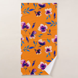 Lovely watercolor peony poppy violet flowers and bath towel