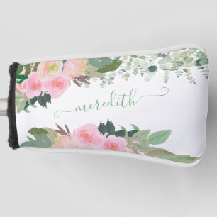 Lovely Watercolor Pink Flowers Personalized Name  Golf Head Cover