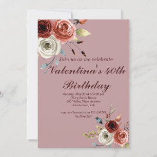 Lovely Watercolor Roses 40th Birthday Invitation