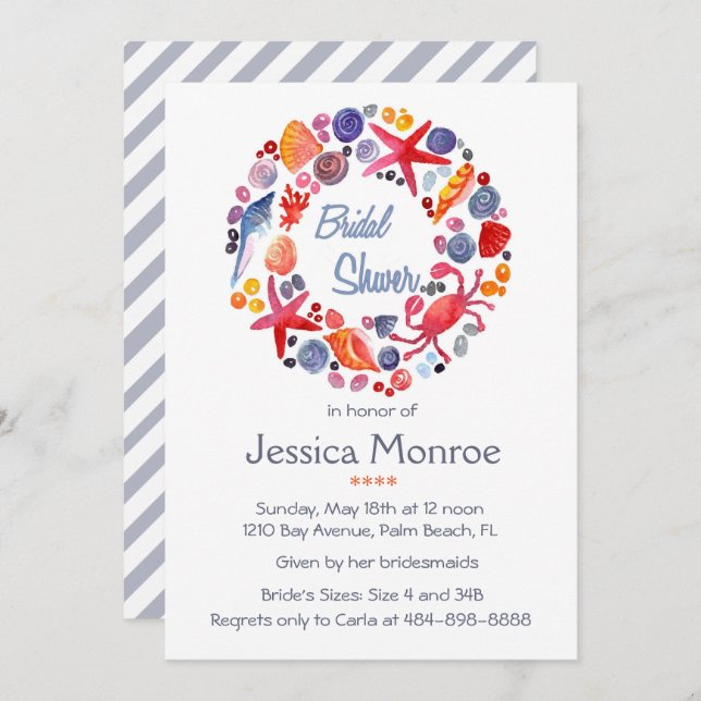Lovely Watercolor Sea Wreath Beach Bridal Shower Invitation (Front/Back)