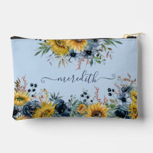 Lovely Watercolor Sunflowers Blue Background Name Accessory Pouch