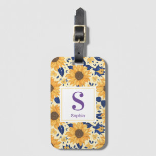 Lovely Watercolor Sunflowers Pattern Monogram Luggage Tag