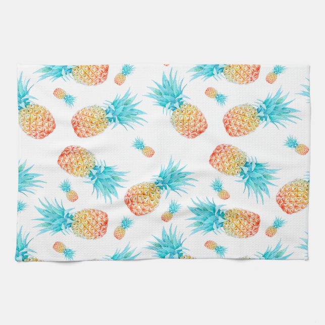 Lovely Watercolor Tropical Fruit Pineapple Pattern Tea Towel (Horizontal)